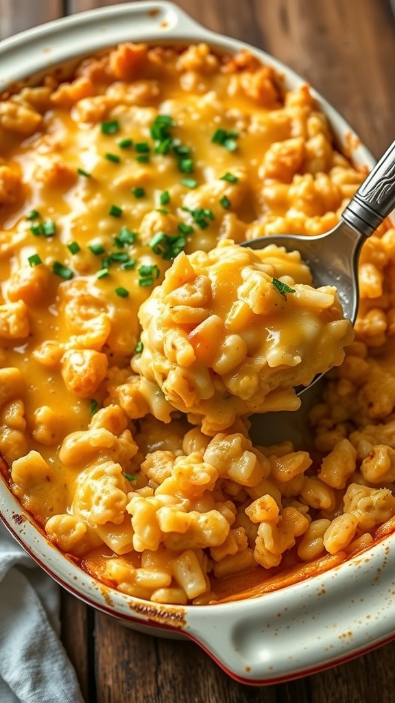 Cheesy chicken and rice casserole in a ceramic dish, garnished with parsley, on a wooden table.